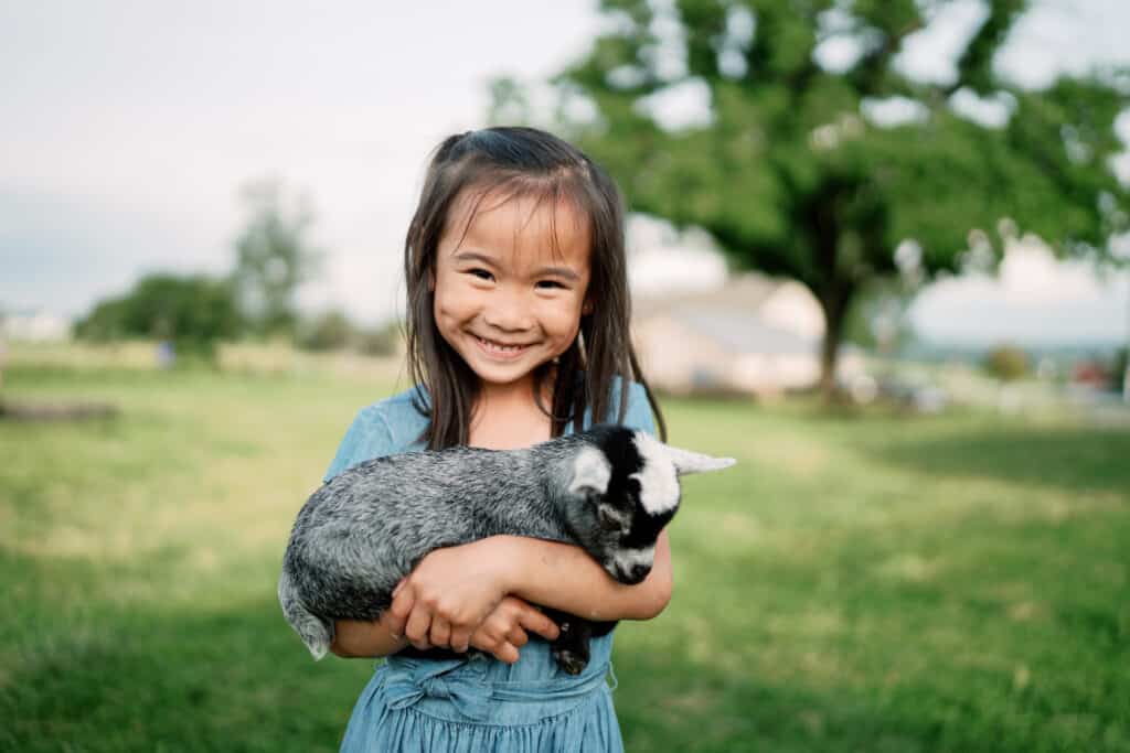 Visit Dutch Wonderland 8 Young girl cuddles baby goat at our Lancaster County Farm Stay.
