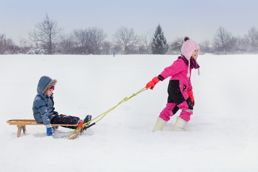 Little girl pulls little boy on sled. Have old fashioned family fun at our Bed and Breakfast near Lancaster PA.